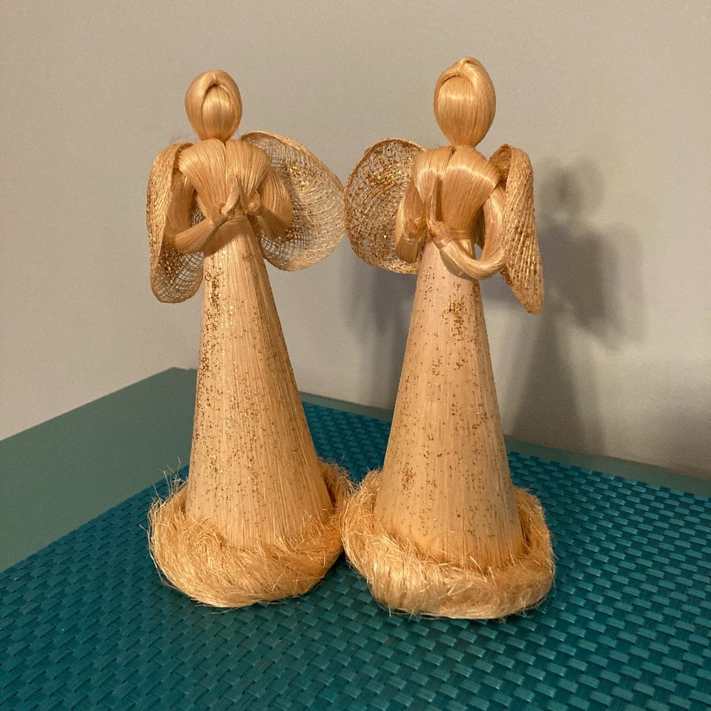 Corn Husk Angel Doll Wicker Wings Praying Hands Vintage Lot of 2